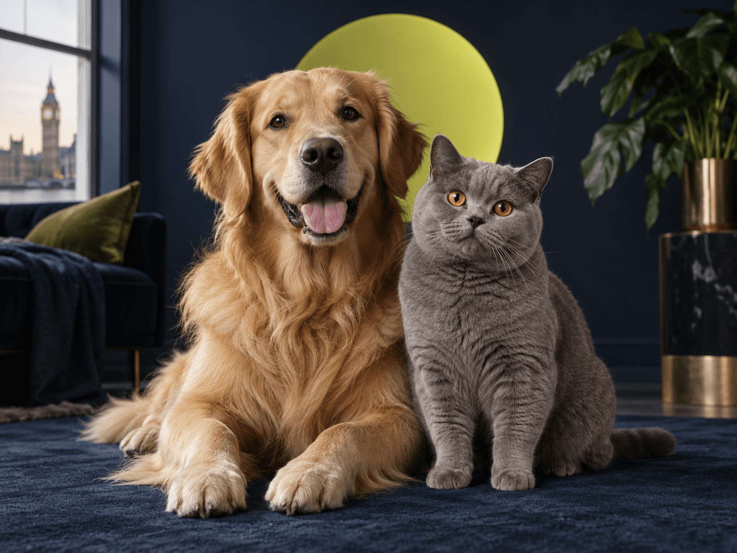 A golden retriever and British shorthair cat together in a London home